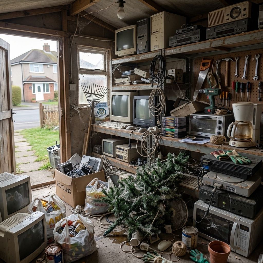 A shed full of old TVs, computers, cables and small appliances waiting to be cleared